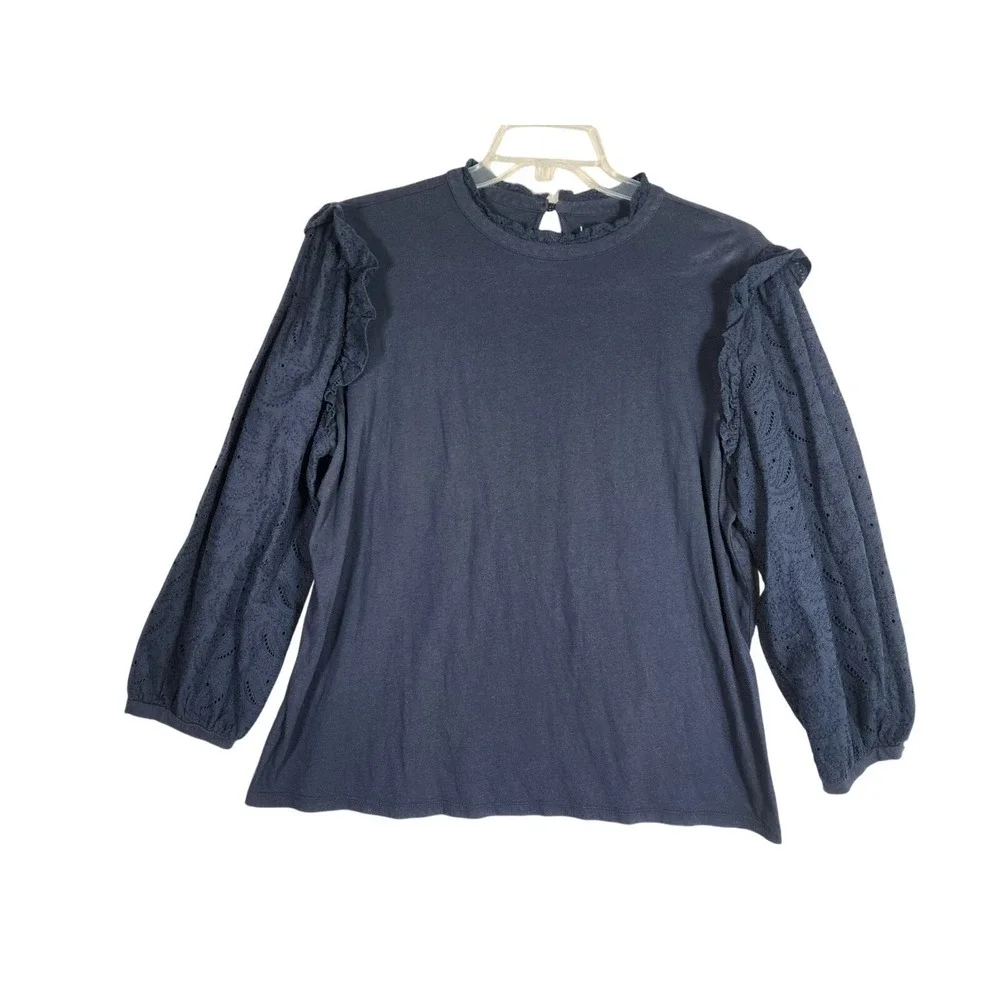 LOFT Outlet XL Navy Blue Eyelet Puff Sleeve Blouse Cottagecore Boho Top Peasant